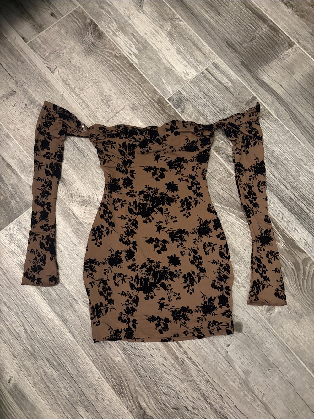 Off-Shoulder Floral Bodycon Dress in Brown and Black